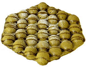 黄緑色のバブルワッフル。粉糖が軽くかかっている。